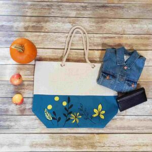Floral Print Burlap Tote Bag