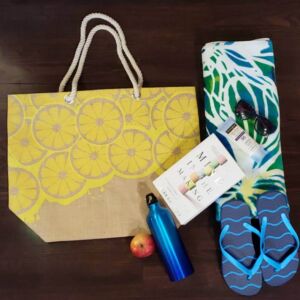 Lemon Print Burlap Beach Bag