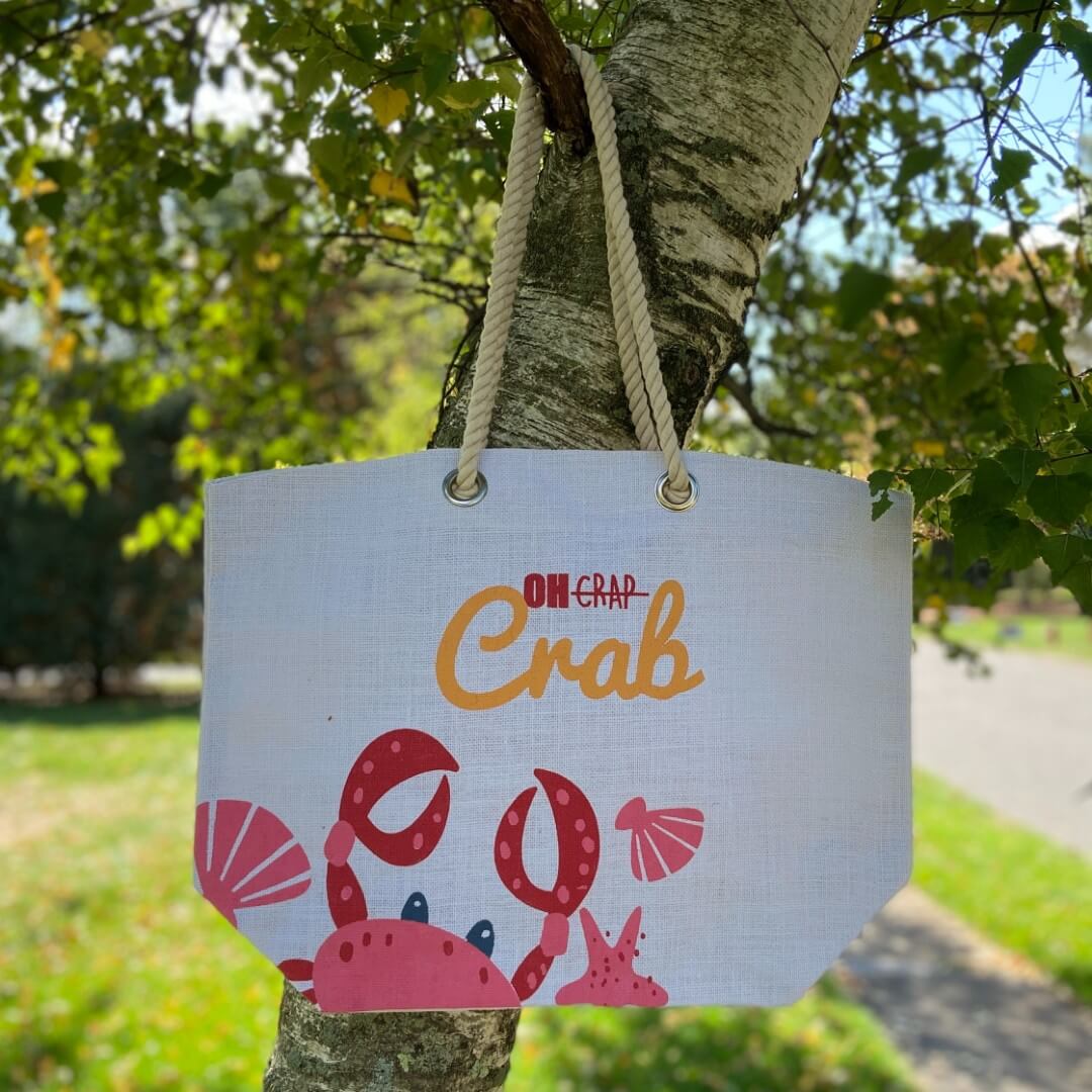 Oh Crab Burlap Tote Bag by Everything Bags Inc.